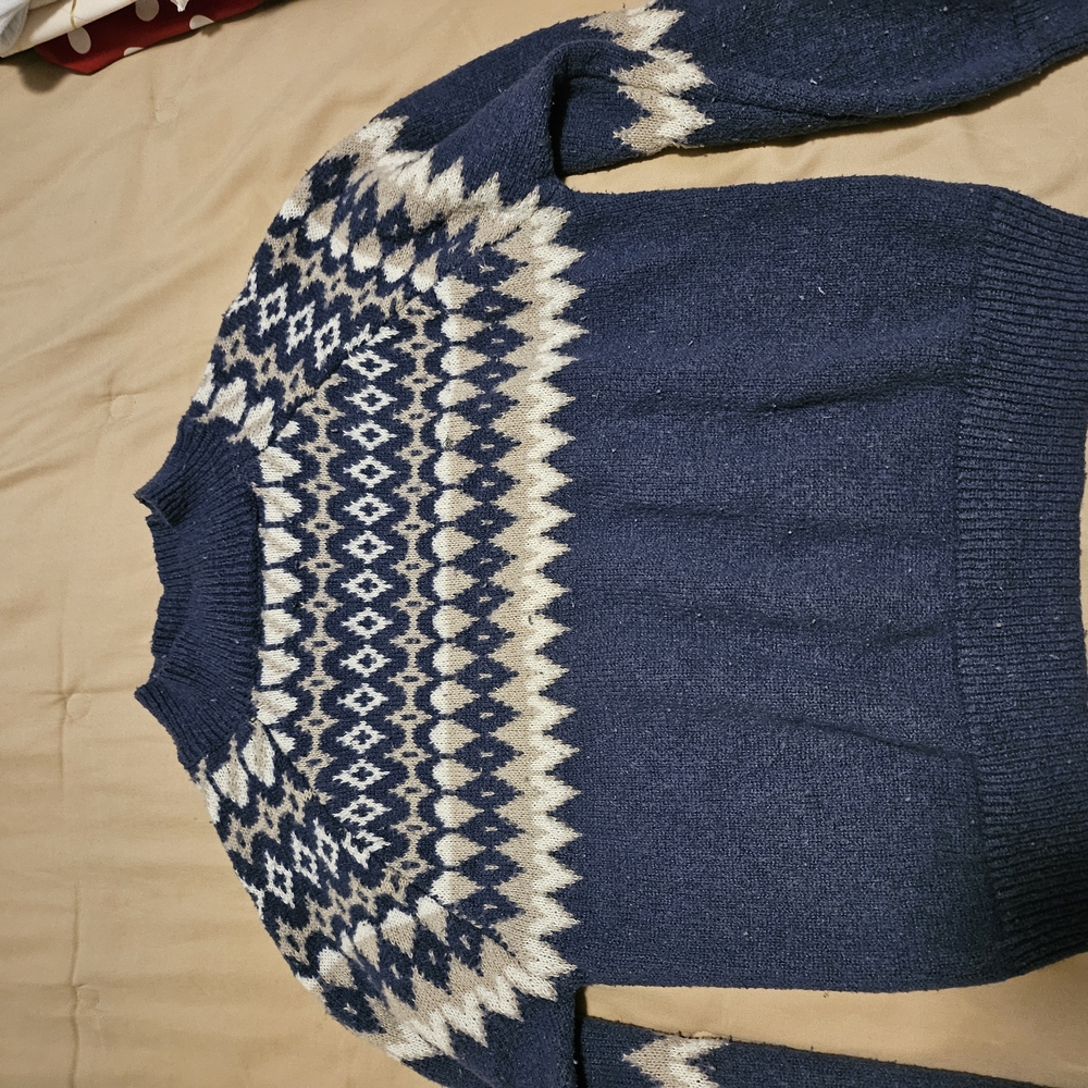 Navy Blue and Cream Women's Crew Neck Sweater